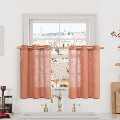 Short Linen Window Curtains 30 Inches Long 2 Panels, Terracotta Semi Sheer by LAMIT