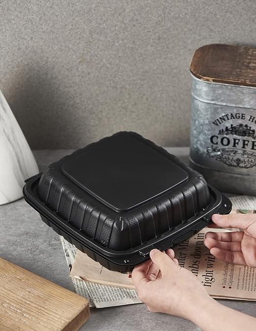 8X8" 3-Compartment 50-Pack Plastic Clamshell Takeout Food Trays Heavy Duty Togo Disposable Box For Pasta Salad Sandwich Carryout Meal Prep Packaging Catering Hinged Containers With Secure Snap Lid