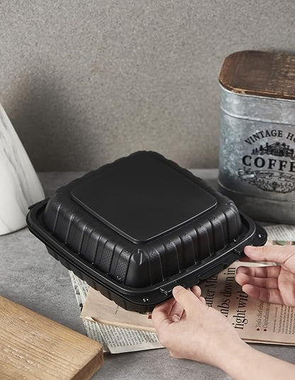 8X8" 3-Compartment 50-Pack Plastic Clamshell Takeout Food Trays Heavy Duty Togo Disposable Box For Pasta Salad Sandwich Carryout Meal Prep Packaging Catering Hinged Containers With Secure Snap Lid