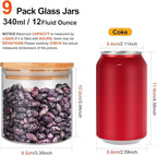 Glass Food Storage Containers Jars with Airtight Bamboo Lid 12 oz 9 pcs, 340 ml Pantry Organization Jar, Glass Terrarium with Lid, Spice, Flour and Sugar Container, Canister Set for Kitchen Counter