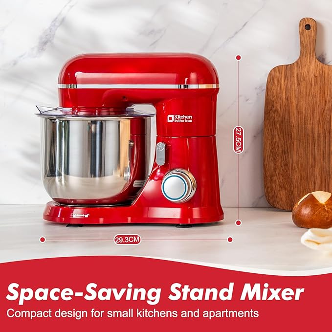Kitchen in the Box Stand Mixer, 3.5 QT Small Electric Kitchen Mixer, 10-Speed Portable Lightweight Food Mixer with Stainless Steel Bowl, Egg Whisk, Dough Hook, Beater (Ruby Red)