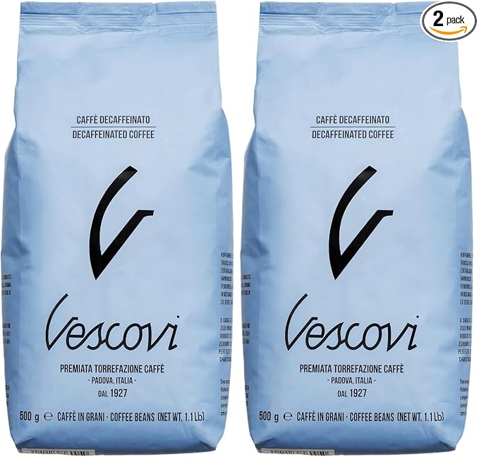V Vescovi Decaf Espresso Beans – Smooth & Balanced, Medium Roast, Roasted in Italy, 1.1 lb (500g) (Pack of 2)