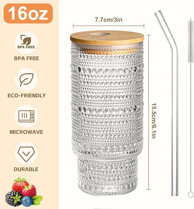 16OZ Glass Tumbler with Straw and Lid,Glass Cups with Lids and Straws,Ribbed Iced Coffee Cups Vintage Embossed Glassware for Juice Whiskey Cocktail Beer(1Pack)