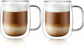 CNGLASS Large Double Wall Glass Coffee Mug 15.2oz,Clear Insulated Glass Espresso Cup with Big Handle,set of 2