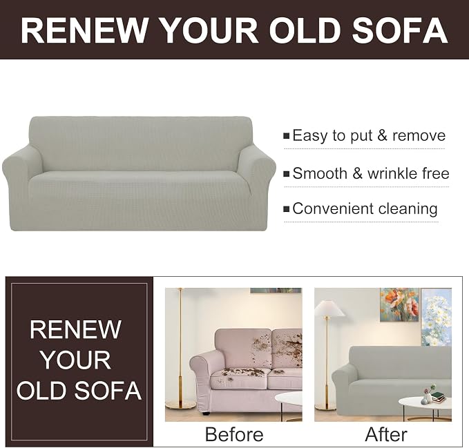 U-NICE HOME Oversized Stretch Couch Cover Slipcover, Taupe | 3 Cushion Sofa - Image 5