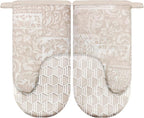 Thumb Oven Mitts, Heat and Slip Resistant Silicone Kitchen Mittens 2-Pack Set, Khaki Patchwork Flower Soft Long Oven Gloves, Flexible Thick Potholders for Safe Baking Cooking and Grill(Khaki)