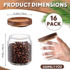 Irenare 16 Pcs 17 oz/ 500 ml Glass Canister Food Airtight Sealed Clear Borosilicate Glass Storage Jars with Lids Kitchen Spice Containers for Serving Coffee Sugar Tea Beans Candy Nuts Pantry (Wood)