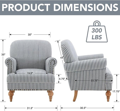Blue Striped Linen Fabric Accent Chairs Set of 2, Coastal Upholstered Armchairs - Image 2