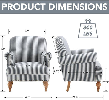 Blue Striped Linen Fabric Accent Chair, Coastal Upholstered Armchair - Image 2