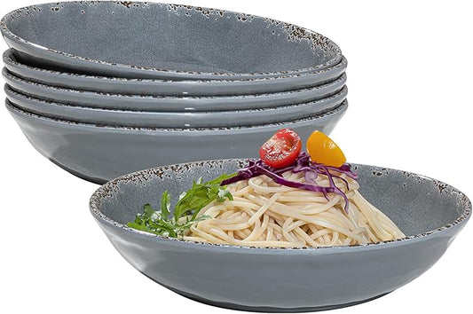 Melamine Pasta Bowls Set,6 Piece 9.25 inch Vintage Melamine Pasta/Salad/Ramen/Noodle/dinner/Fruit Bowls, Set of 6,Unbreakable Large Shallow Serving Bowls set,Cool Grey…