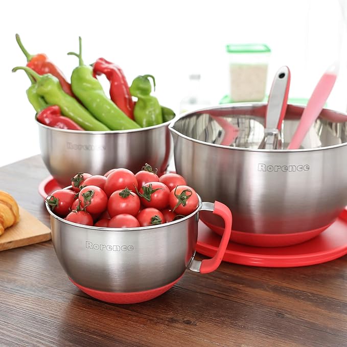 Rorence Stainless Steel Mixing Bowls: Metal Mixing Bowl Set with Lids and Handles Non-slip Silicone Bottom Nesting Bowls for Kitchen Set of 3 - Red