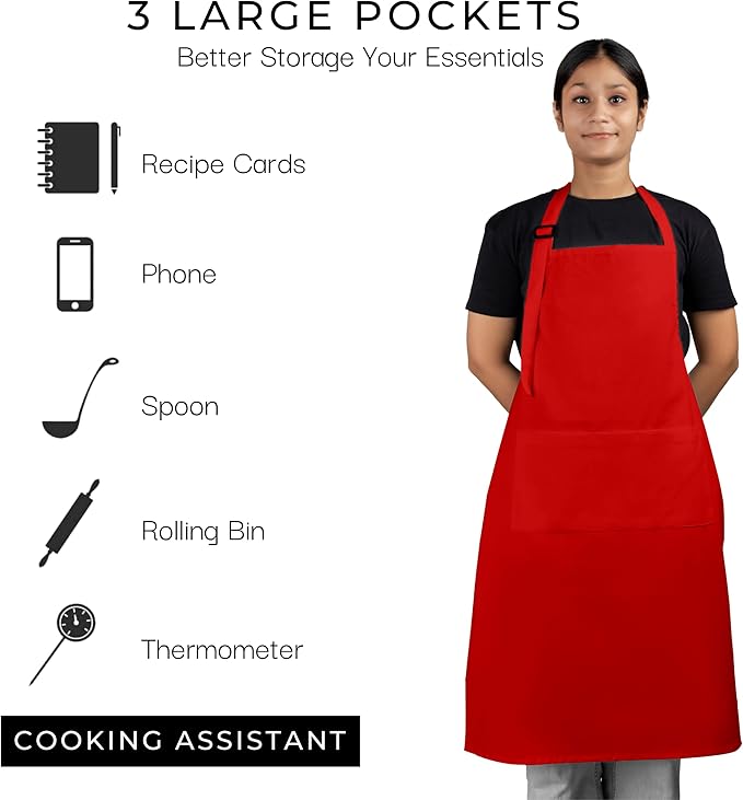 RAJRANG 100% Cotton Cooking Apron with 3 Pockets Kitchen Chef BBQ Adjustable Bib Aprons for Women Men