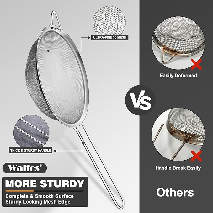Walfos 4.7 Inch Fine Mesh Strainer, Premium Stainless Steel Colanders and Sifters, with Reinforced Frame and Sturdy Handle, Perfect for Sift, Strain, Drain and Rinse Vegetables, Pastas and Tea