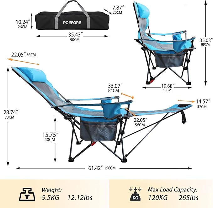 Reclining Camping Chair with Removable Footrest Lounge Chair with Headrest - Image 3