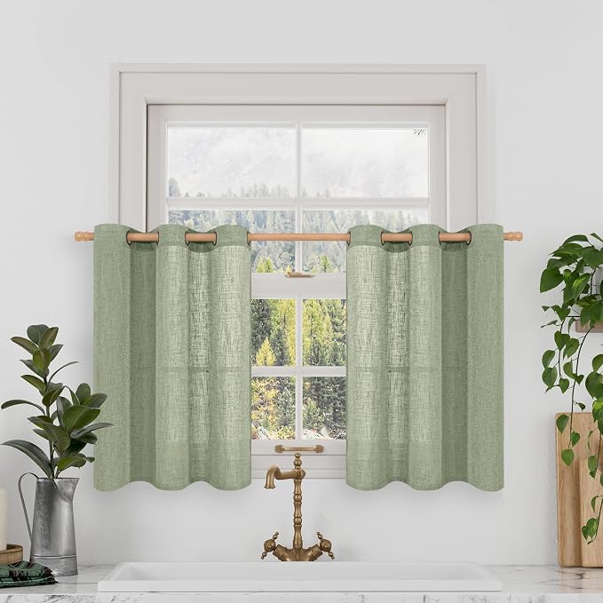 Short Linen Window Curtains 30 inches Long 2 Panels, Sage Green Semi Sheer by LAMIT
