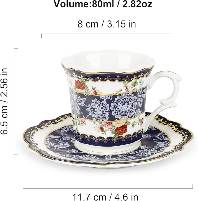 fanquare 2.5 Ounce Espresso Cups Set of 6, 12 Pieces Ceramic Demitasse Cup and Saucers, Blue Lace Pattern Espresso Mugs for Coffee Bar Home