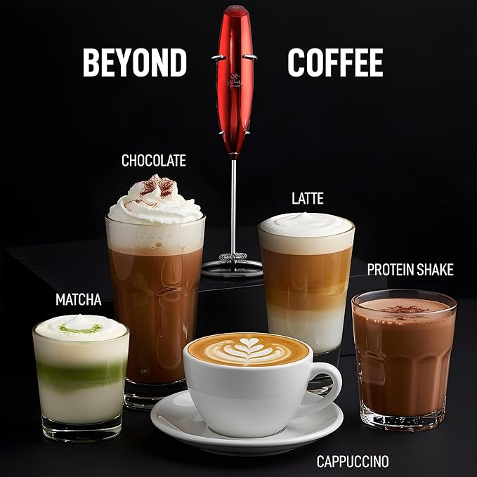 Zulay Executive Series Ultra Premium Gift Milk Frother For Coffee with Deluxe, Radiant Finish - Coffee Frother Handheld Foam Maker - Electric Milk Frother Handheld For Lattes Premium UV Red