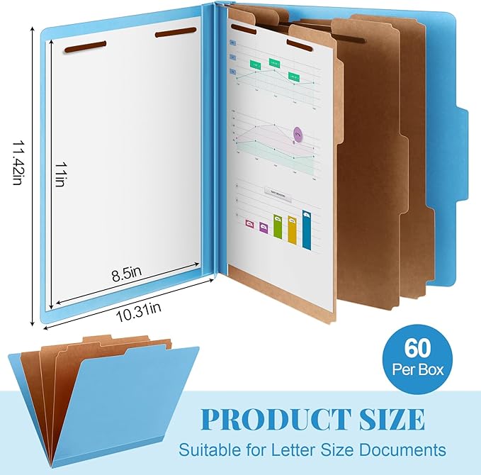 60 Pcs Classification Folders Letter Size, Back to School Supply for Teacher, Student, 3 Dividers Pressboard File Folder Bulk with 2 Fasteners, 3.5 Inch Expanding File Organizer (Blue)