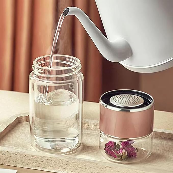 QUROXO 2025 New Tryteava Glass Infuser, Teava 3-In-1 Smart Tea Infuser with Cup Brush, Double-Layer Borosilicate Glass Tryteava Tea infusers Separation Cup (Gold, 350ml (12oz))