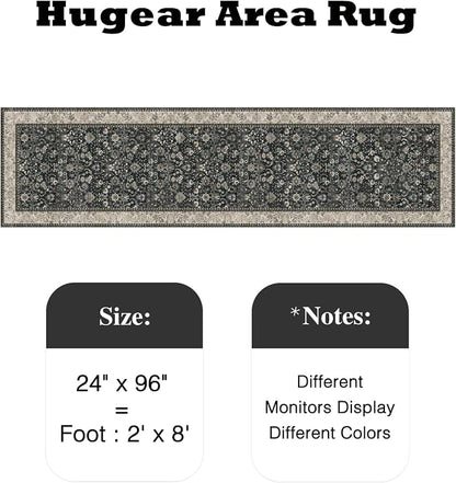 2x8 Black Beige Vintage Floral Washable Runner Rug - Image 2