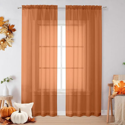 Sheer Orange Curtains 84 inch Length 2 Panels Set, Airy Soft-Touching Rod by OVZME