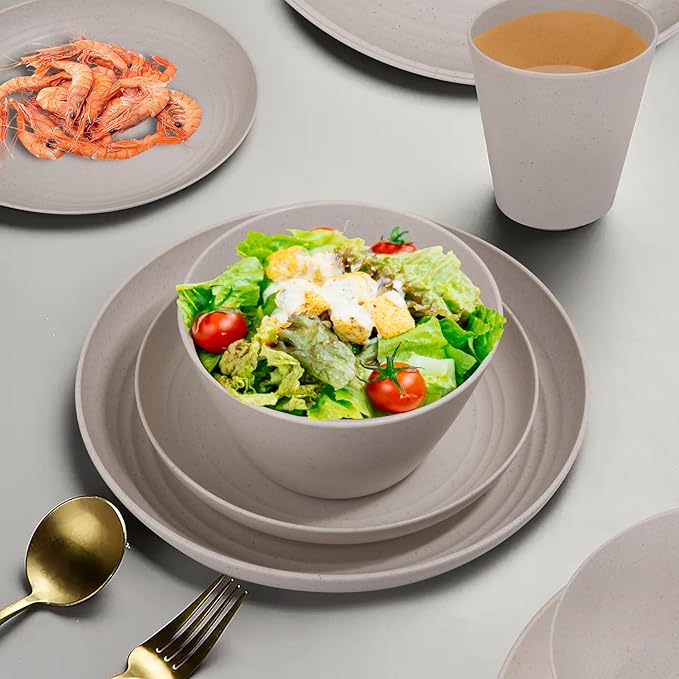 LIYH 48 Pcs Beige Plastic Wheat Straw Dinnerware Set - Reusable Plates and Bowls Sets,Unbreakable Plates Dishes Bowl Cup Outdoor Camper Dish Set for 12