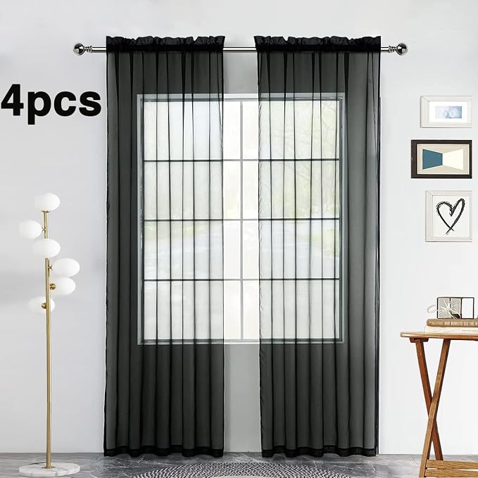SpaceDresser Black Sheer Curtains 4 Panels Rod Pocket Semi-Sheer Curtain 90 - Image 2