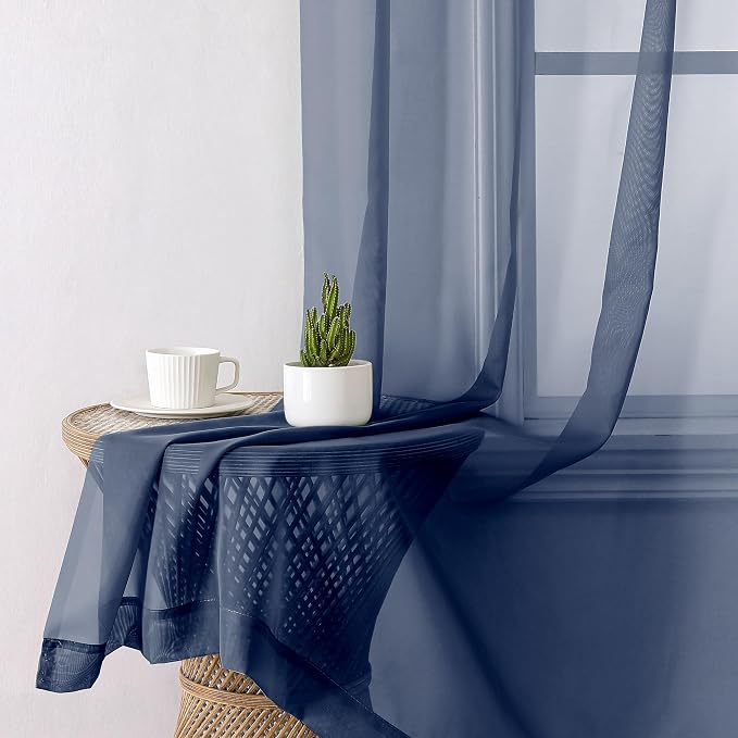 Navy Blue Sheer Curtains 84 Inches Long 2 Panels Set, Solid Voile Light - Image 8