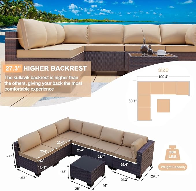 Kullavik 7 Pieces Outdoor Patio Furniture Set, Sectional Rattan Sofa Set Brown - Image 4
