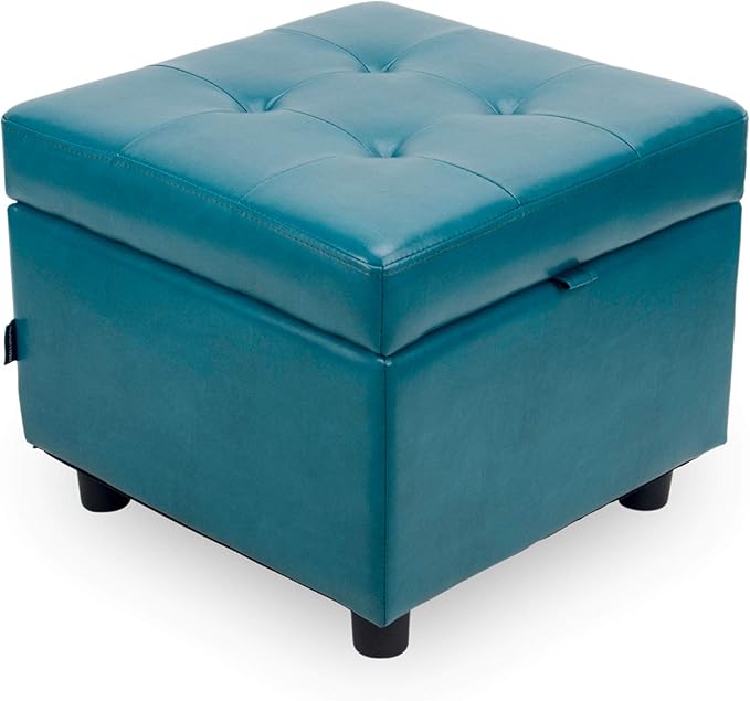 H&B Luxuries Tufted Leather Square Flip Top Storage Ottoman Cube Foot Rest by HBLuxuries