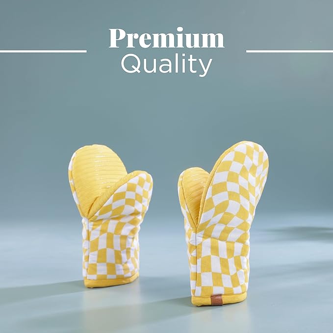 Folkulture Mini Oven Mitts or Short Oven Mitts | (5.75 x 9) Set of 2 Cotton Yellow Oven Mits Heat Resistant for Kitchen Decor | Yellow Check Kitchen Mittens or Oven Mitt with Hanging Loop