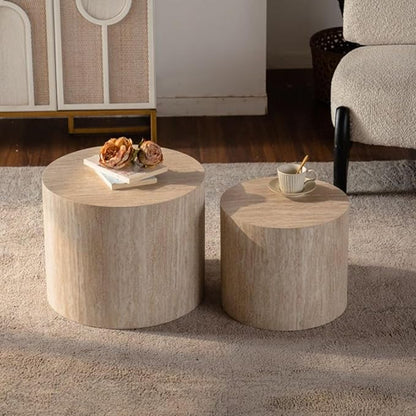 Round Wooden Nesting Coffee Table Set of 2, Circle Modern Accent End Side Table by HanStrong