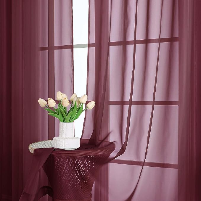 Burgundy Sheer Curtains 72 Inches Long 2 Panels Set, Light Filtering Sheer - Image 7
