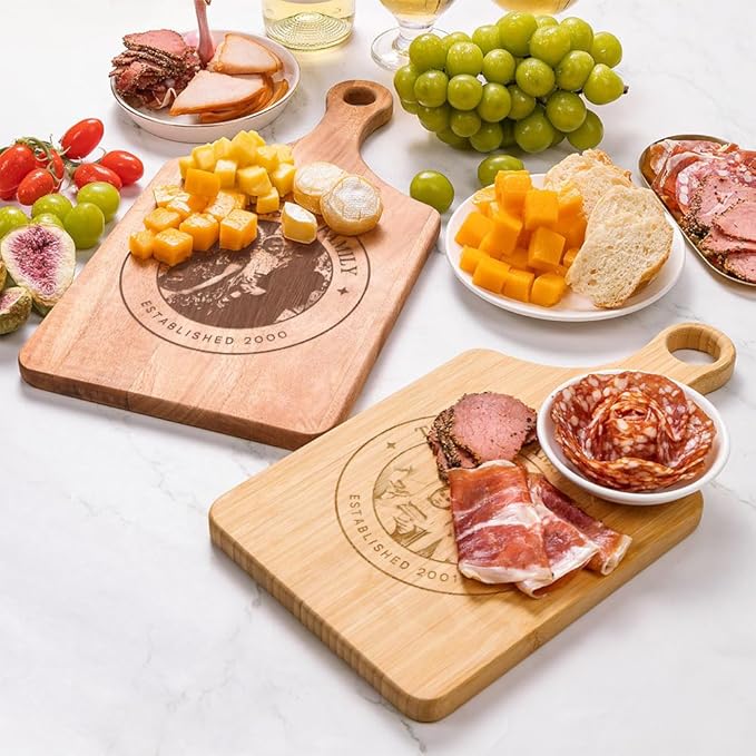 callie Personalized Cutting Board with Photo & Text & Date, Wooden Cutting Board Cheese Serving Tray with Handle, Housewarming Gifts (S, M, L)