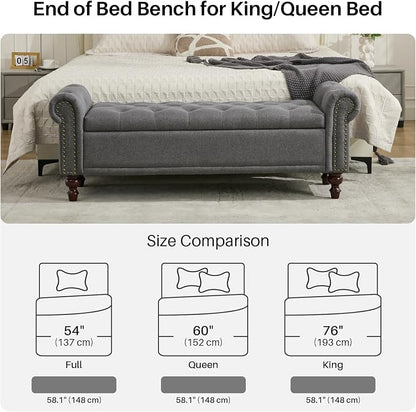 SOFTHION 58.1" Storage Bench Upholstered Linen End of Bedroom Bed Bench Ottoman - Image 5