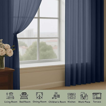 Navy Blue Sheer Curtains 72 Inches Long 2 Panels Set, Transparent Voile Sheer - Image 3