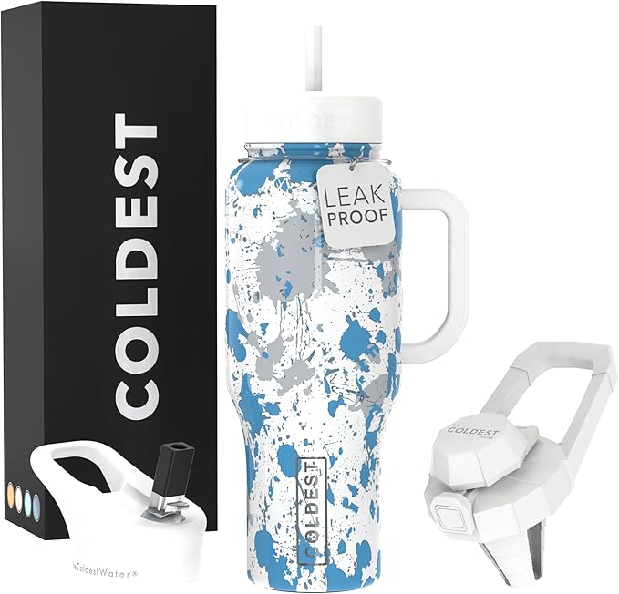 Coldest 40 oz Tumbler with Handle and Straw - 100% Leak Proof Insulated Tumbler with Lid and Straw (3 Lids) - Stainless Steel Tumblers for Women & Men - Cup Holder Friendly Base, 36 oz (Cloud Matter)