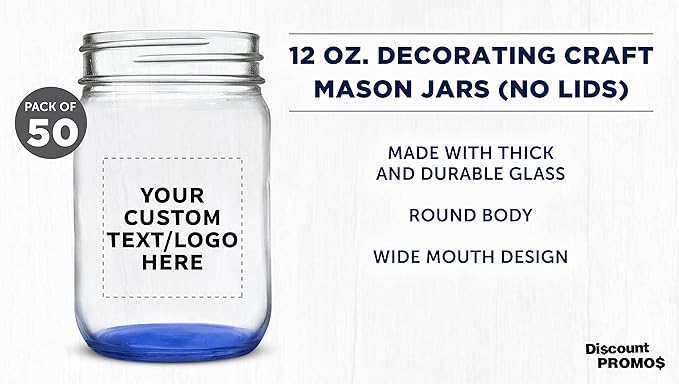DISCOUNT PROMOS Custom Decorating Mason Jars 12 oz. Set of 50, Personalized Bulk Pack - Glass Jars for Overnight Oats, Candies, Fruits, Pickles, Spices, Beverages - Blue