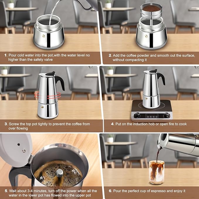 4 Cup Stovetop Espresso Maker Stainless Steel Moka Pot Stove Top Percolator Italian Coffee Makers Capable Mocha Greca Machine Cafe Classic Induction Cookers for Home and Camping 200ml 6.6oz