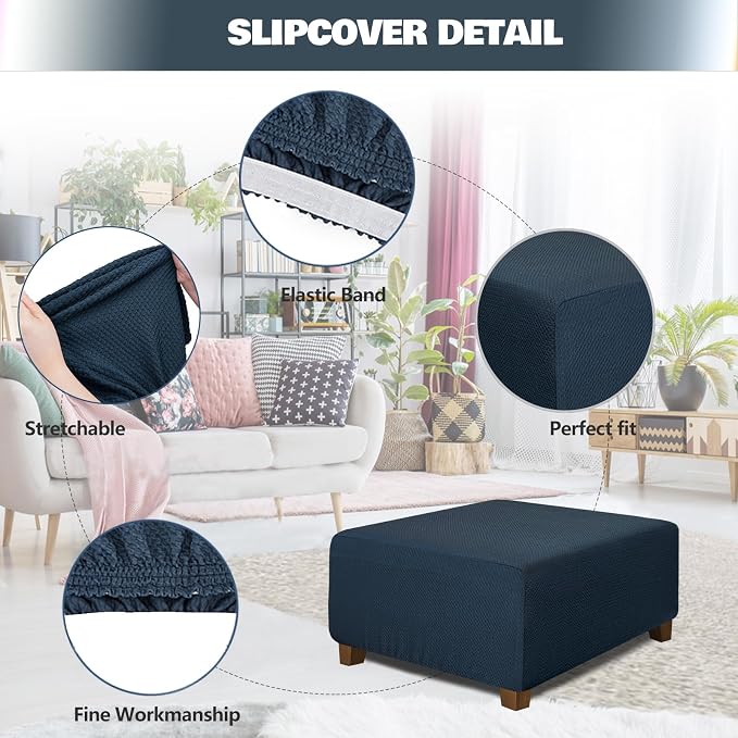 NeColorLife Square Ottoman Cover Jacquard Fabric Slipcover Thick Stretchable - Image 2