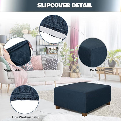 NeColorLife Square Ottoman Cover Jacquard Fabric Thick Stretchable Slipcover - Image 2