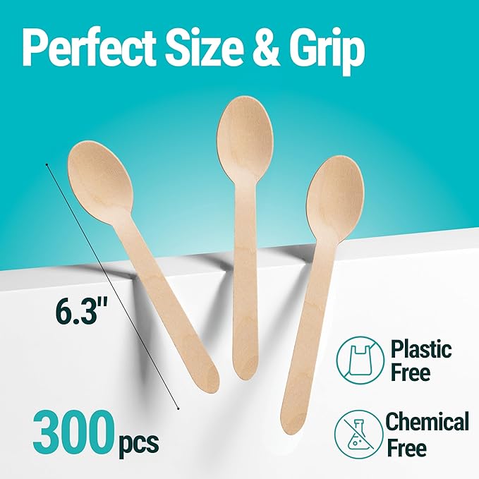 Disposable Wooden Spoons For Eating - 300pcs - Heavy Duty & Plastic Free - Our Guilt-Free FSC Certified Wood Protects Forests - A Great Alternative to Bamboo Spoons Disposable.