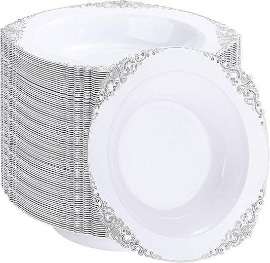 100PCS Silver Plastic Bowls - 12 oz Silver Disposable Salad Bowls - Heavy Duty Disposable Soup Bowl - Fancy Plastic Ice Cream Bowl for Weddings Parties Dinners Picnics