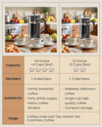 BAYKA French Press Coffee Maker 34 Ounce 1 Liter, Borosilicate Glass Stainless Steel Brewer, Large Portable Cold Brew Cafetera Teapot for Kitchen Travel Camping Coffee Bar Accessories, Dark Pewter