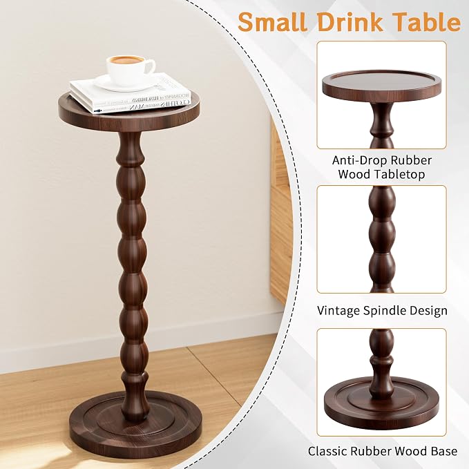Solid Wood Drink Table, Rubber Wood‌ Small Round Side Table - Image 5