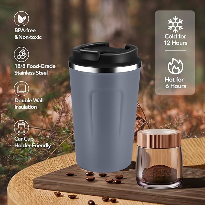 Volhoply 12 oz Double Wall Insulated Vacuum Travel Coffee Mugs with Flip Lid Bulk 2 Pack,Reusable Stainless Steel Leak Proof Coffee Cup,Portable Cafe Thermal Tumbler for Hot & Cold Drinks(Gray,2 Set)