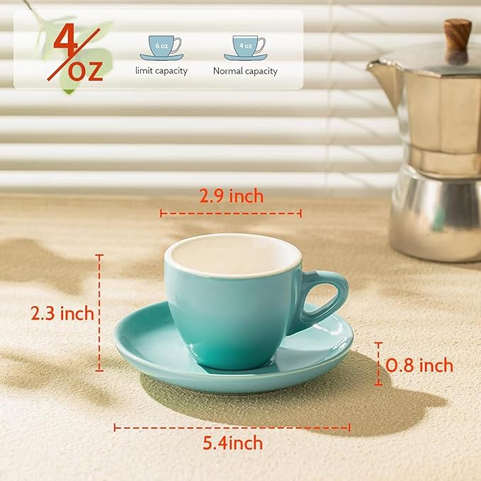 Sweese Espresso Cups with Saucers, 4 Ounce Demitasse Cups, Perfect for Single or Double Espresso, Cappuccino, Latte and Tea - Set of 6, Multicolor, Hot Assorted Colors