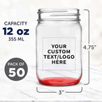 DISCOUNT PROMOS Custom Decorating Mason Jars 12 oz. Set of 50, Personalized Bulk Pack - Glass Jars for Overnight Oats, Candies, Fruits, Pickles, Spices, Beverages - Red