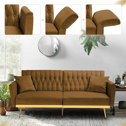 70” Velvet Futon Sofa Bed with 2 Pillows and Adjustable Armrests, Convertible - Image 5