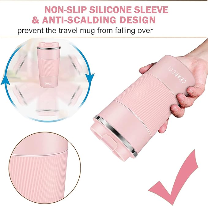 Travel Coffee Mug Spill Proof Leakproof 16 oz Insulated Coffee Mug with Screw Lid, Stainless Steel Vacuum Tumbler Reusable Thermal Coffee Cup to go for Hot and Cold Drinks -510ml,Pink